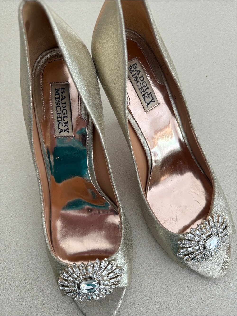 Badgley Mischka Gold Crystal-Embellished Peep-Toe Heels 10